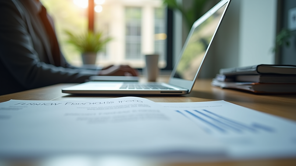 eye-level view of a modern office desk with a laptop and documents about funding