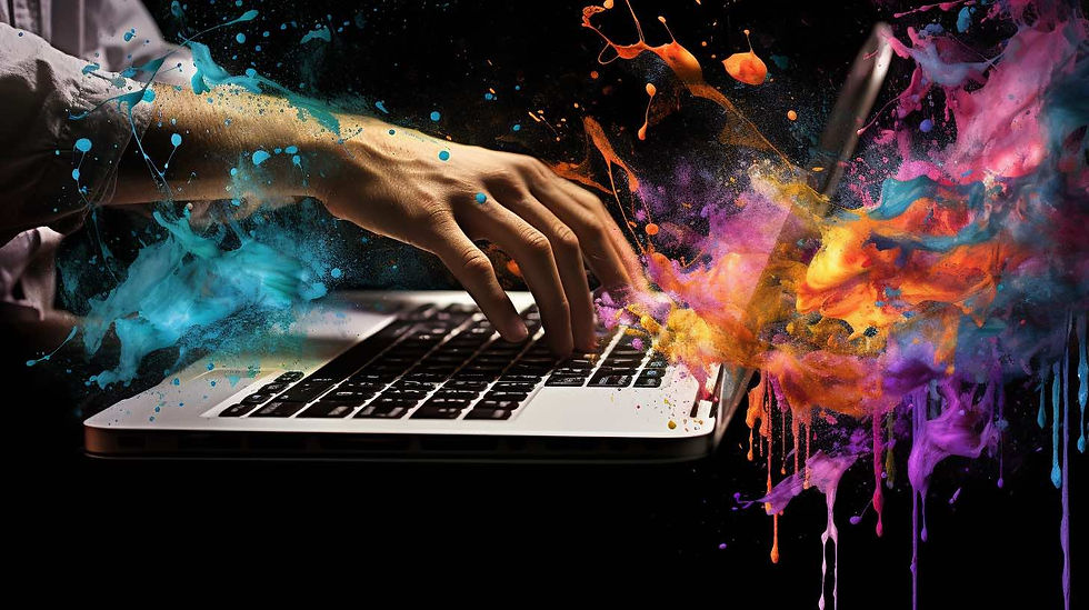 illustration of hands working on a laptop computer, color splashes