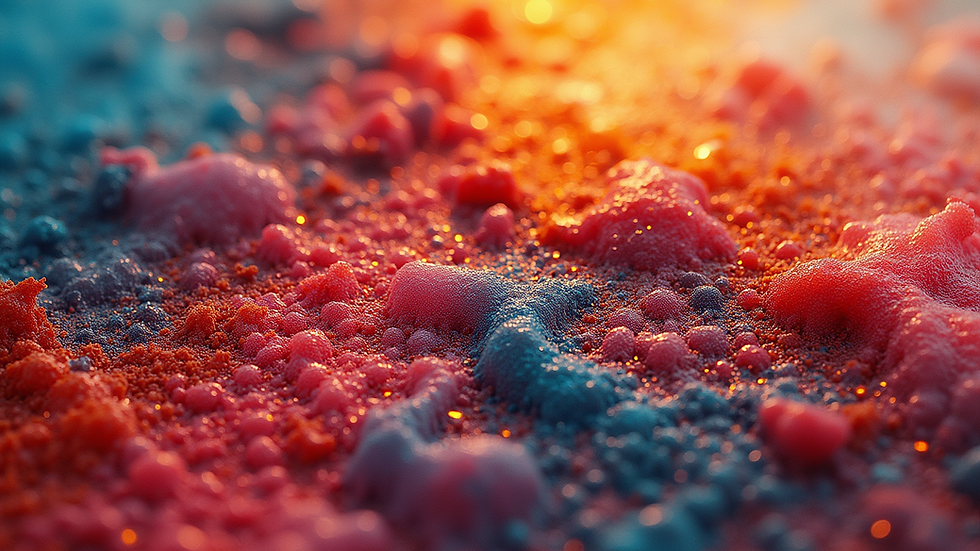 Close-up view of a textured visceral painting with vibrant colors