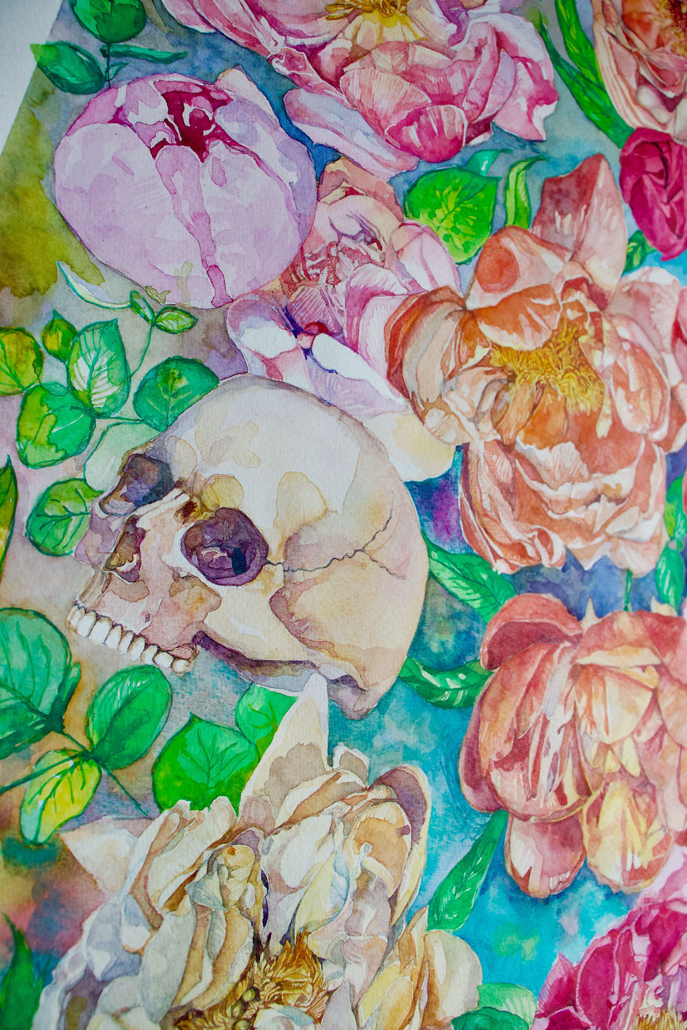 Eye-level view of watercolor flower art blending with human anatomy details