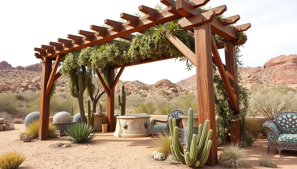 Eye-level view of a wooden pergola with climbing plants in a backyard
