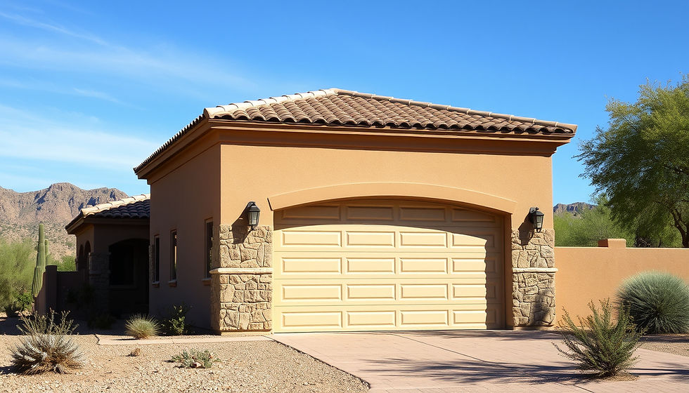 Eye-level view of a custom-built garage with wooden siding and stone accents