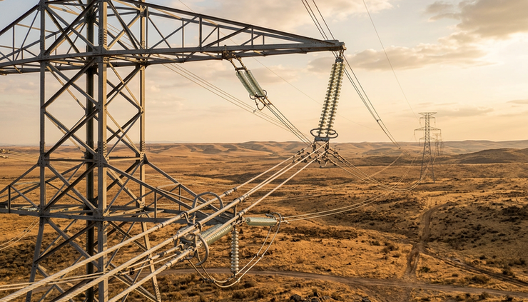 Close-up view of high-voltage power lines crossing a dry plain