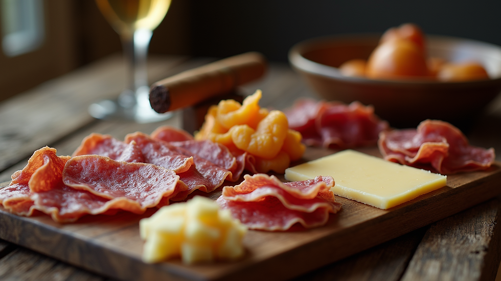 Eye-level view of a beautifully arranged charcuterie board with a premium cigar