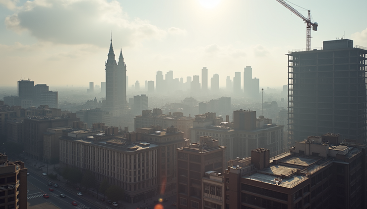 Eye-level view of a European city skyline showing postwar reconstruction efforts