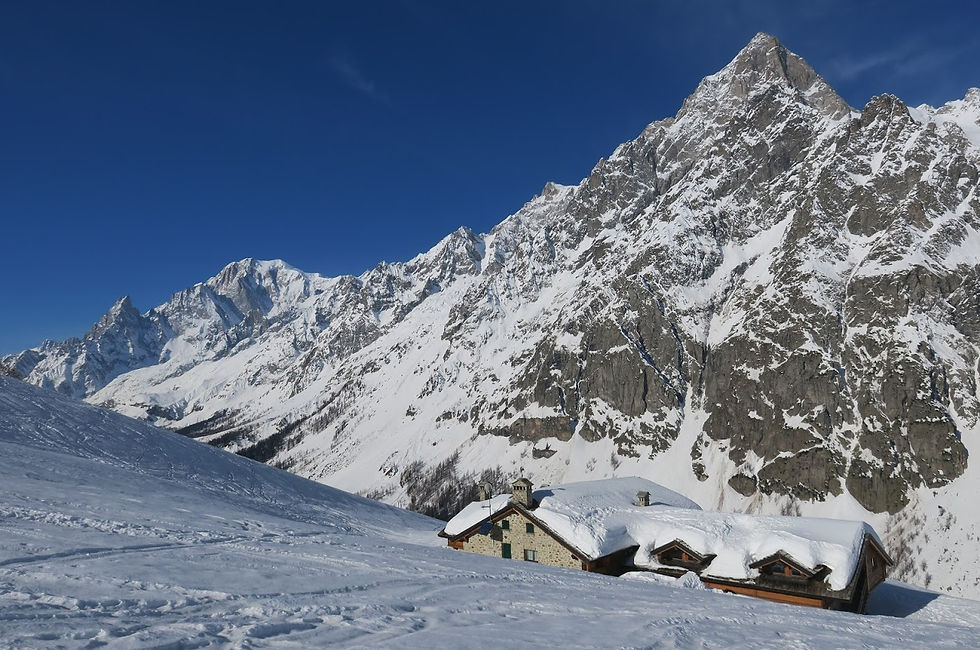 Fig. 5 - Il rifugio Bonatti, affacciato sulla Val Ferret, di fronte alla punta Walker (Grandes Jorasses)