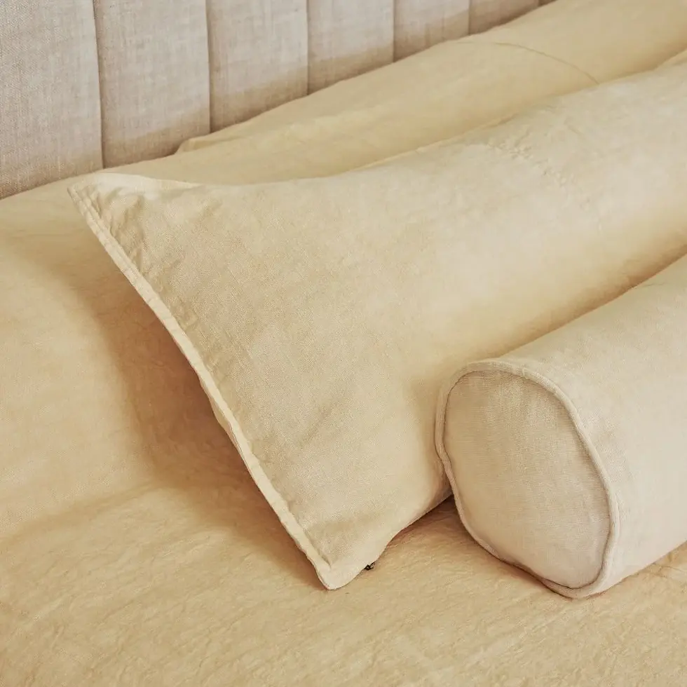 Luca Linen Bed Cover by Eadie Lifestyle in soft butter European linen styled on a modern bedroom.