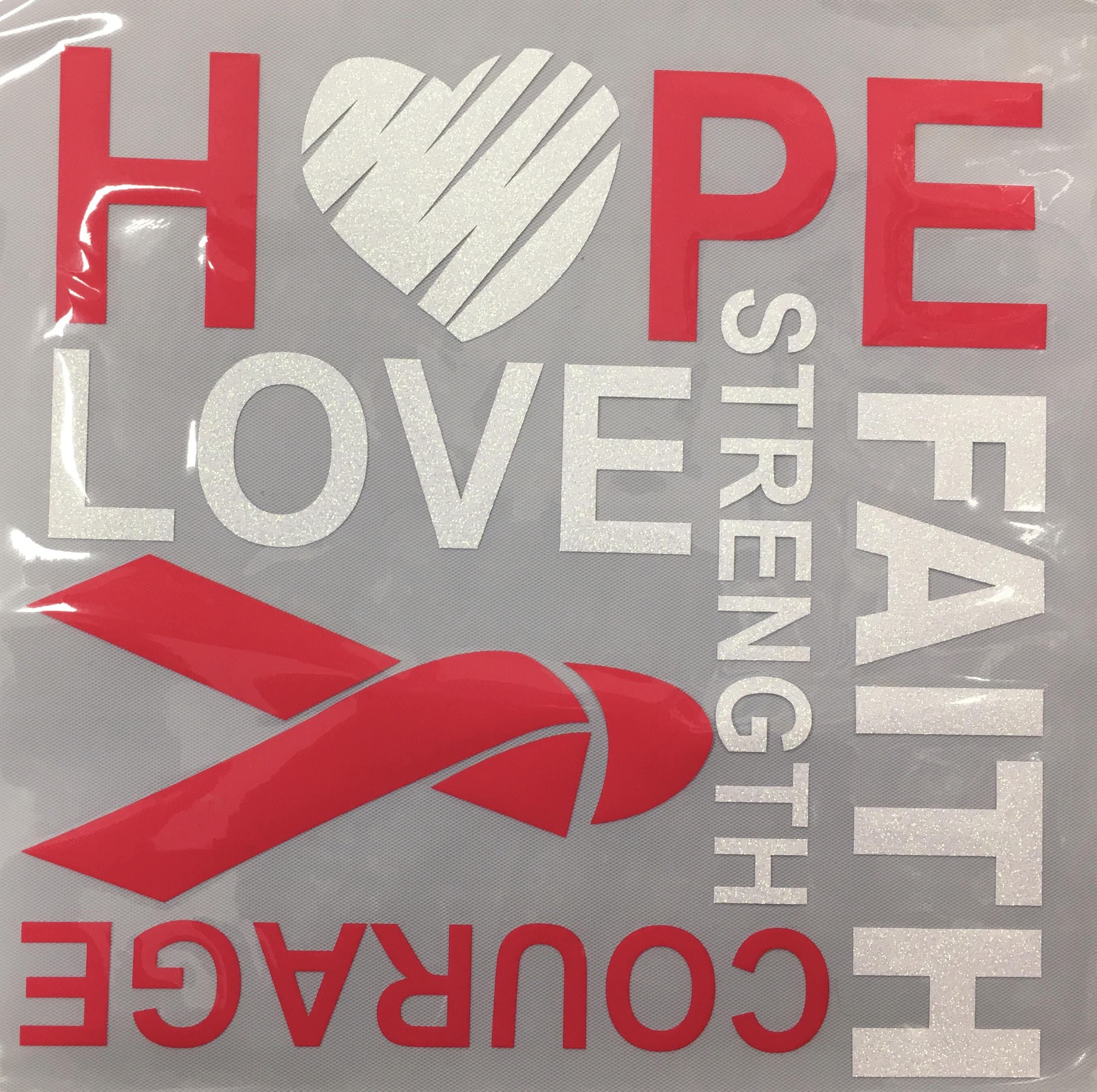 Hope Love Faith Cancer Ribbon Pink & White Glitter Vinyl Transfer