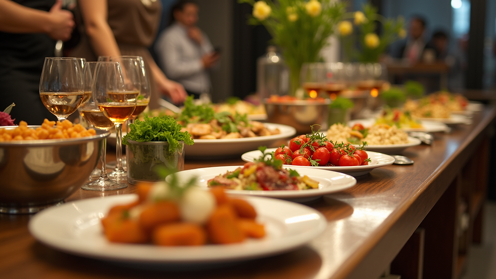 Eye-level view of a beautifully arranged buffet table with various dishes