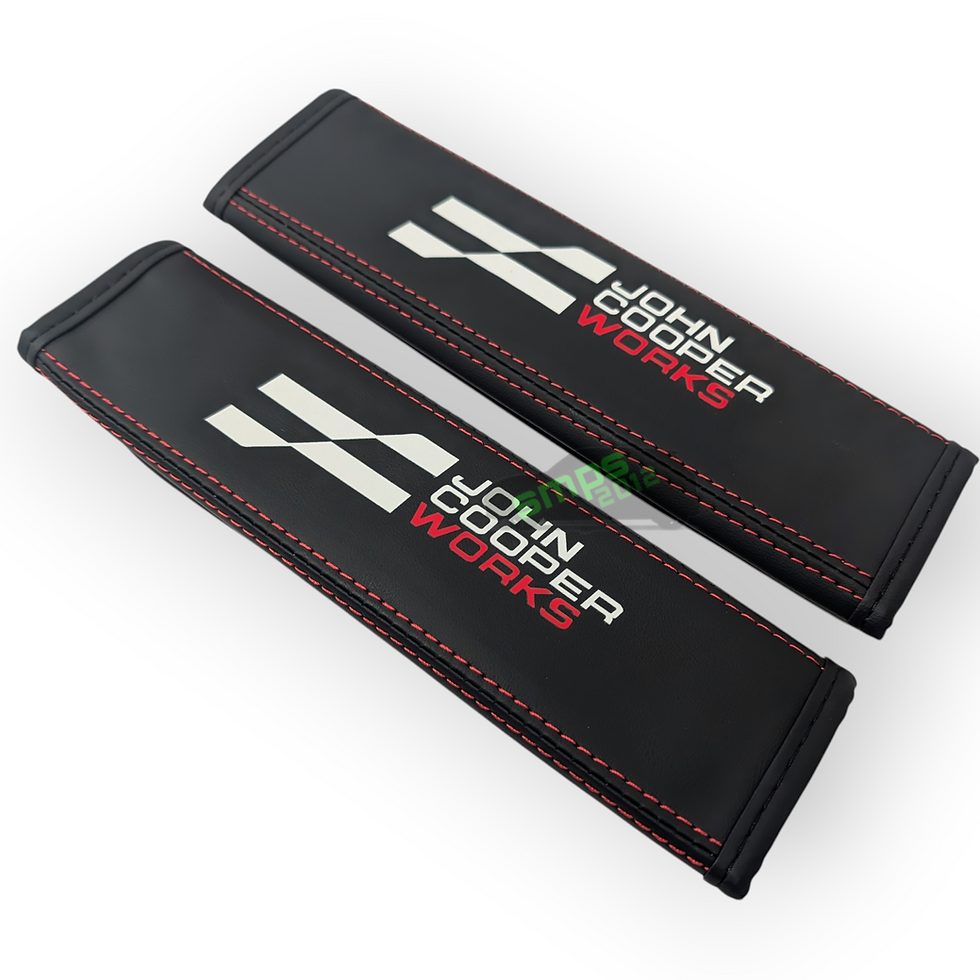 Leather Seatbelt Shoulder Pad Cover for MINI JCW (New) 2pcs, Black & Red Stitch