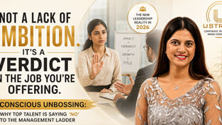 Ustride Corporate Training and Image Consultancy blog thumbnail featuring a professional woman alongside a workplace discussion about declining management roles. The headline reads, “Not a Lack of Ambition. It’s a Verdict on the Job You’re Offering,” highlighting conscious unbossing, employee wellbeing, career growth, better managers, and stronger teams.