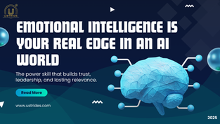 Illustration of a professional woman standing confidently in a digital workplace surrounded by icons representing empathy, communication, and self-awareness—highlighting emotional intelligence as a key skill in the AI era.
