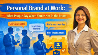 Illustration of a professional woman in formal attire with workplace silhouettes and speech bubbles highlighting perceptions like trustworthy, inconsistent, unreliable, and delivers results, representing personal brand and reputation at work.