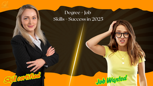Young professional in 2025 standing at a crossroads with a graduation cap in one hand and a skills certification in the other, representing the shift in job demand, the value of soft skills, and the importance of learning beyond a degree for career success.