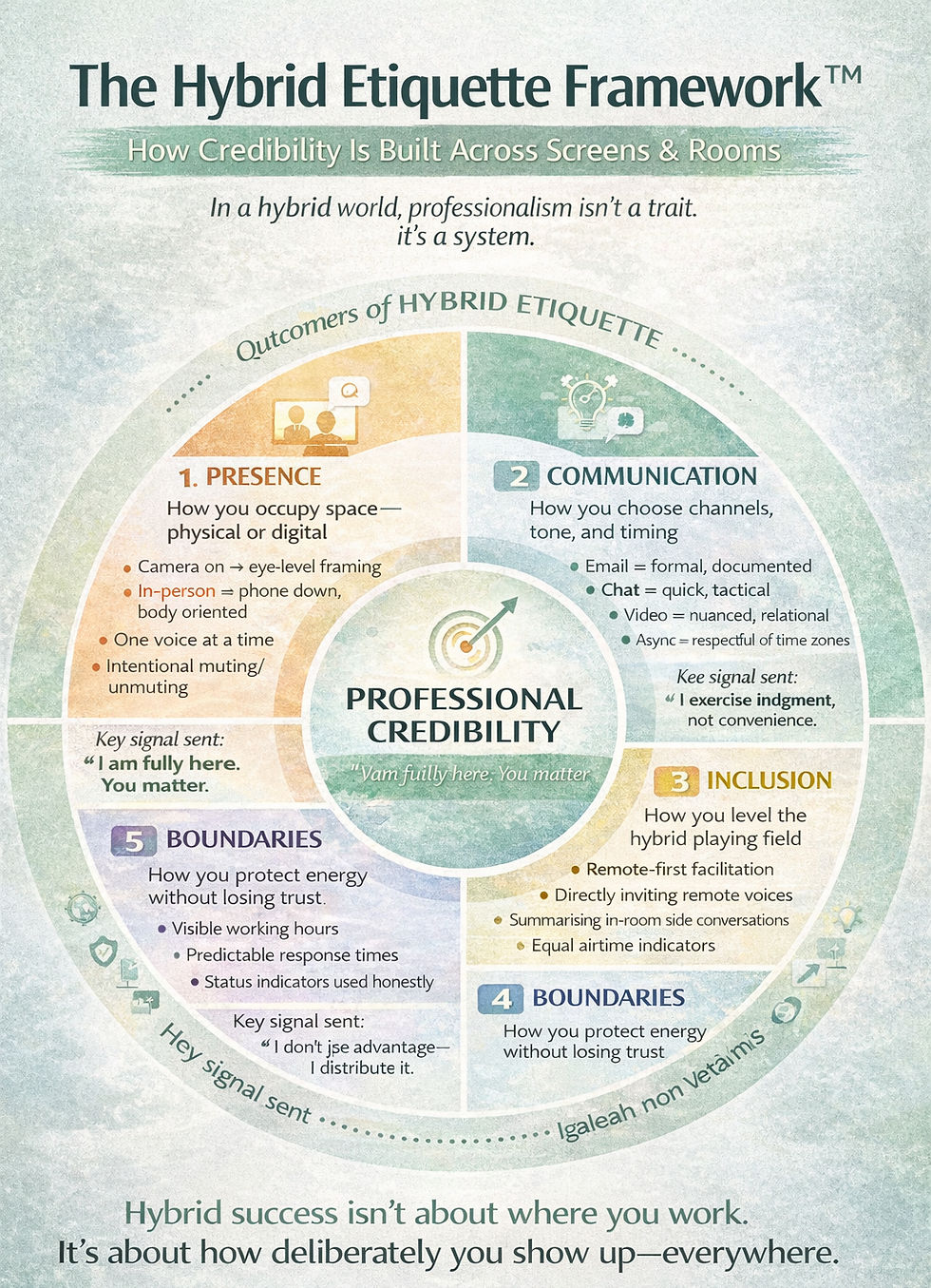 Infographic illustrating a Hybrid Etiquette Framework with five pillars—Presence, Communication, Inclusion, Boundaries, and Image—showing how professionals build credibility and career impact across virtual and in-person workspaces.