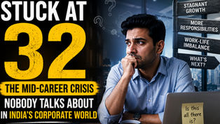 A concerned mid-career professional sits at a desk in a corporate office at night, looking uncertain about his future. Large text reads “Stuck at 32” alongside signs pointing to stagnant growth, more responsibilities, work-life imbalance, and “What’s Next?”. The image represents the mid-career crisis faced by many professionals in India’s corporate world.