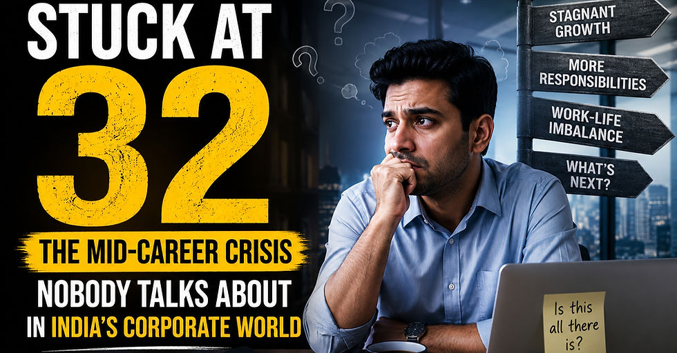 A concerned mid-career professional sits at a desk in a corporate office at night, looking uncertain about his future. Large text reads “Stuck at 32” alongside signs pointing to stagnant growth, more responsibilities, work-life imbalance, and “What’s Next?”. The image represents the mid-career crisis faced by many professionals in India’s corporate world.