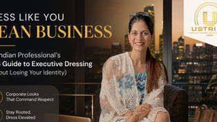 Executive Dressing India 2026 blog cover featuring corporate trainer and image consultant Elvina Pinto with Ustride branding in a modern executive office setting.