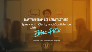 Elvina Pinto leading a corporate training session on mastering workplace conversations, speaking with clarity and confidence to professionals, with visual speech icons representing effective communication and influence.