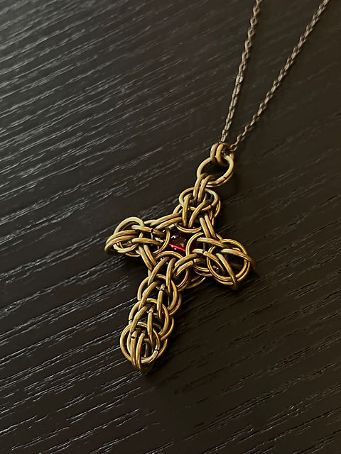 【LECYTO】Antique Mixxed Cross Necklace ★男女共用★ 追跡付 Chainmail Antique bronze Red Stone Cross Necklace