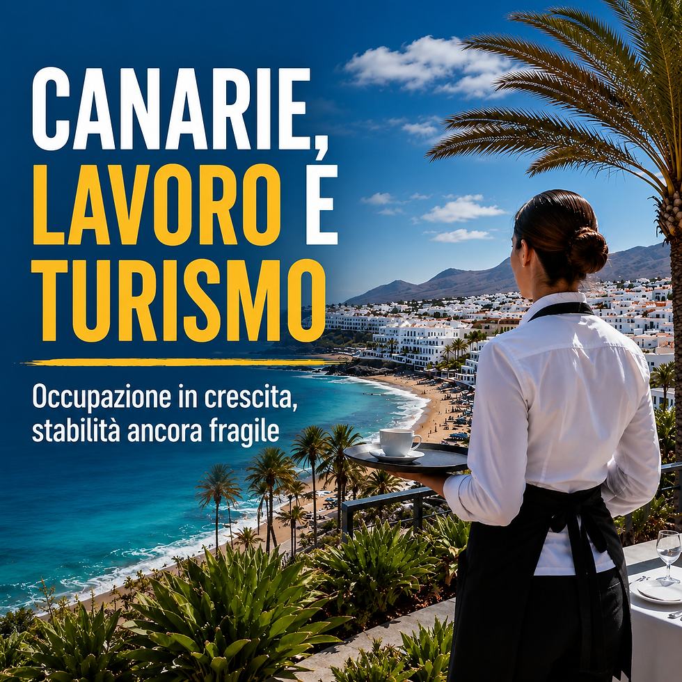 Occupazione e turismo alle Canarie, cameriera con vassoio davanti a una località costiera dell’arcipelago, con mare, palme e hotel sullo sfondo.