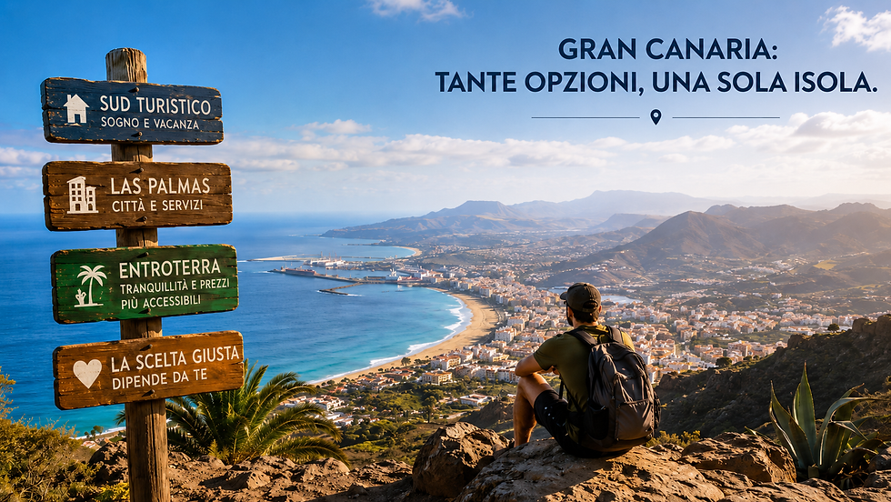 Vista panoramica di Gran Canaria con riferimenti a sud turistico, Las Palmas ed entroterra nel contesto della scelta di dove vivere e cercare casa.