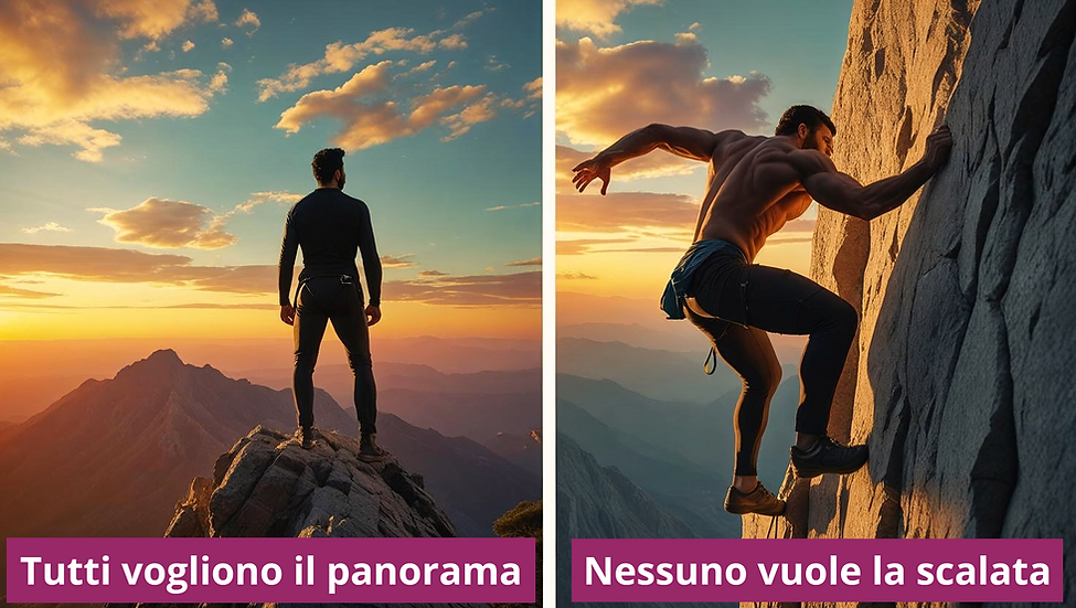 Uomo in cima a una montagna al tramonto e scalatore che affronta una parete rocciosa, con scritte motivazionali “Tutti vogliono il panorama” e “Nessuno vuole la scalata” — concetto visivo di sacrificio, successo, determinazione e vita all’estero.
