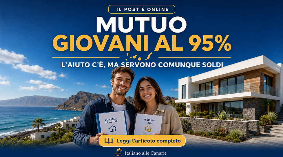 Giovane coppia davanti a una casa moderna alle Canarie con documenti per il mutuo, promozione del mutuo giovani fino al 95%.