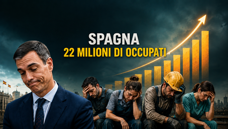 Copertina grafica sulla Spagna con il titolo Spagna 22 milioni di occupati. Nell’immagine compaiono Pedro Sánchez, lavoratori affaticati e un grafico economico in crescita, a simboleggiare il contrasto tra record occupazionale e difficoltà economiche percepite da parte della popolazione.