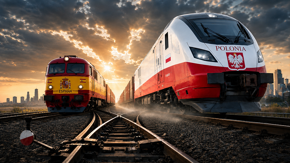 Locomotiva della Polonia davanti a quella della Spagna su binari ferroviari al tramonto, immagine simbolica del sorpasso polacco sulla Spagna nella crescita del PIL pro capite.