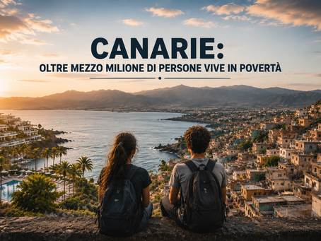 Immagine editoriale che rappresenta il paradosso sociale ed economico delle Canarie: da un lato il turismo e i paesaggi da cartolina, dall’altro la vulnerabilità sociale, i salari bassi, gli affitti elevati e la povertà persistente