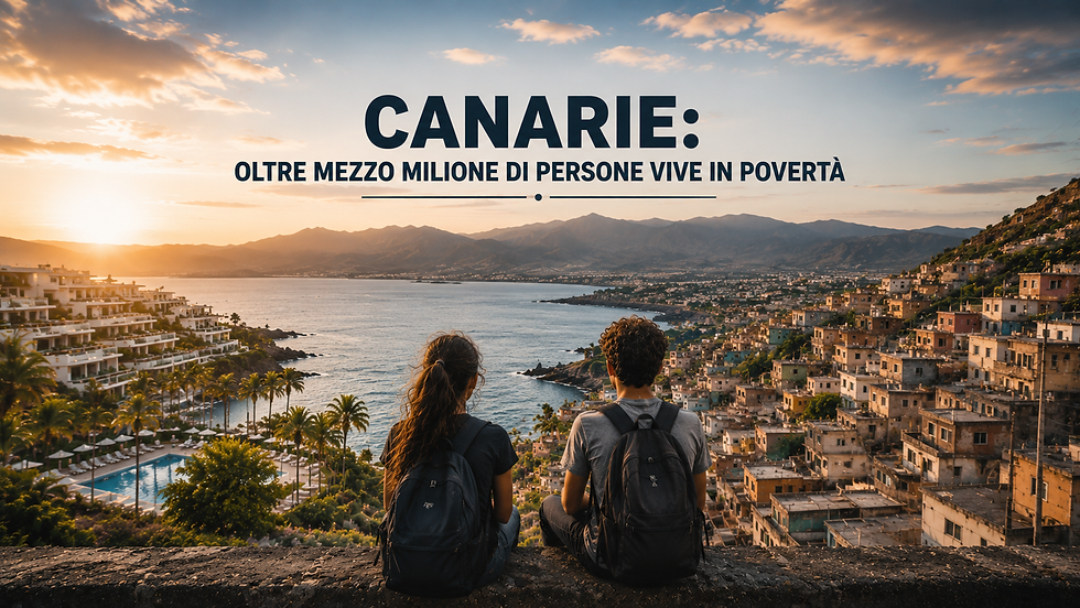 Immagine editoriale che rappresenta il paradosso sociale ed economico delle Canarie: da un lato il turismo e i paesaggi da cartolina, dall’altro la vulnerabilità sociale, i salari bassi, gli affitti elevati e la povertà persistente