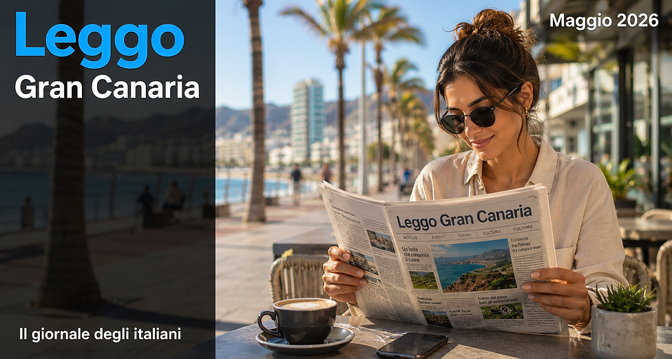 Copertina Leggo Gran Canaria maggio 2026 con giovane lettrice in un caffè sul lungomare di Las Palmas, giornale italiano alle Canarie, palme e atmosfera urbana costiera.