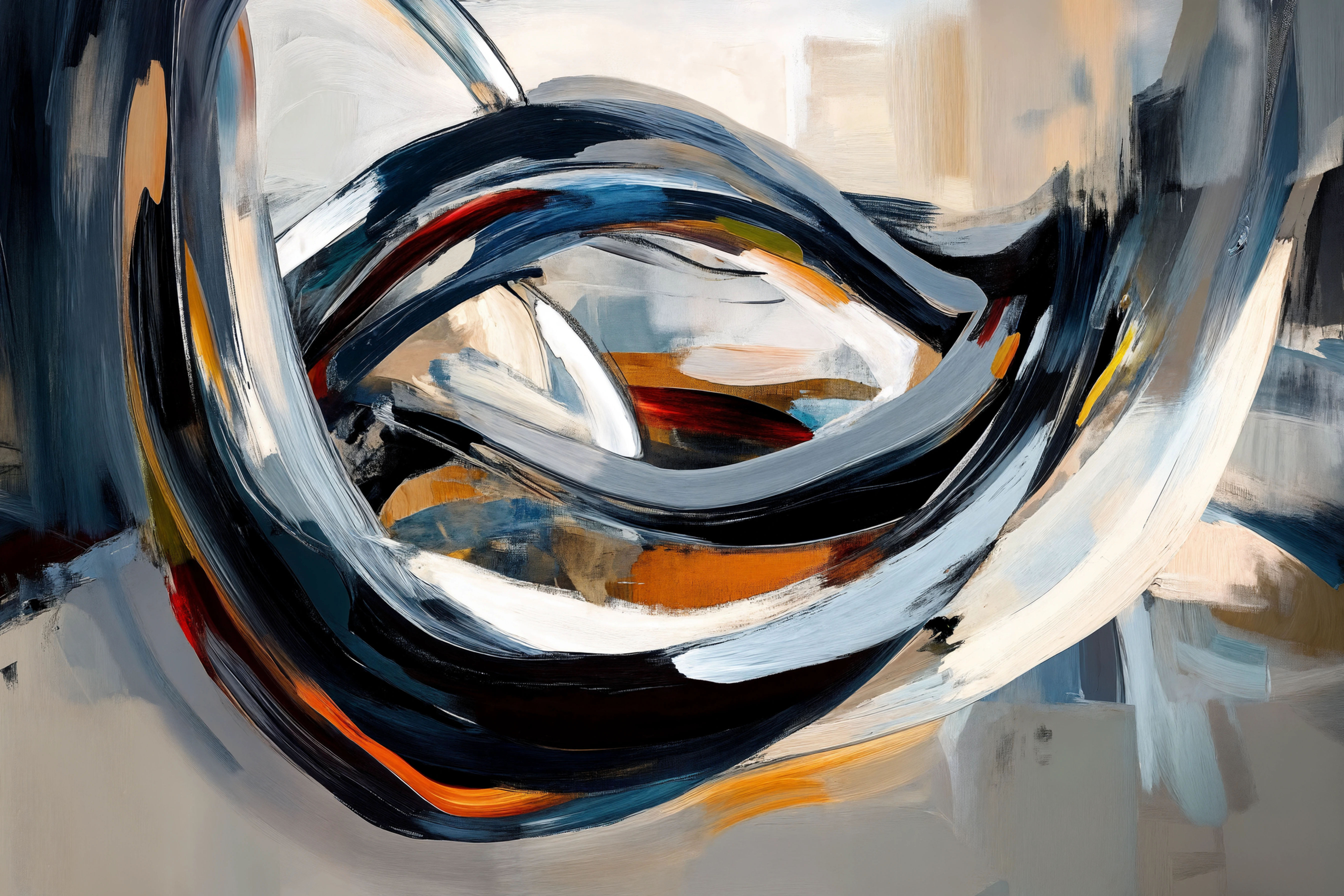 יצירת אמנות המדמה משיכות מכחול אבסטרקטי, בגווני כחול, כתום, שחור ולבן, עם קווים זורמים ותנועתיות מרתקת. התמונה משדרת אנרגיה,