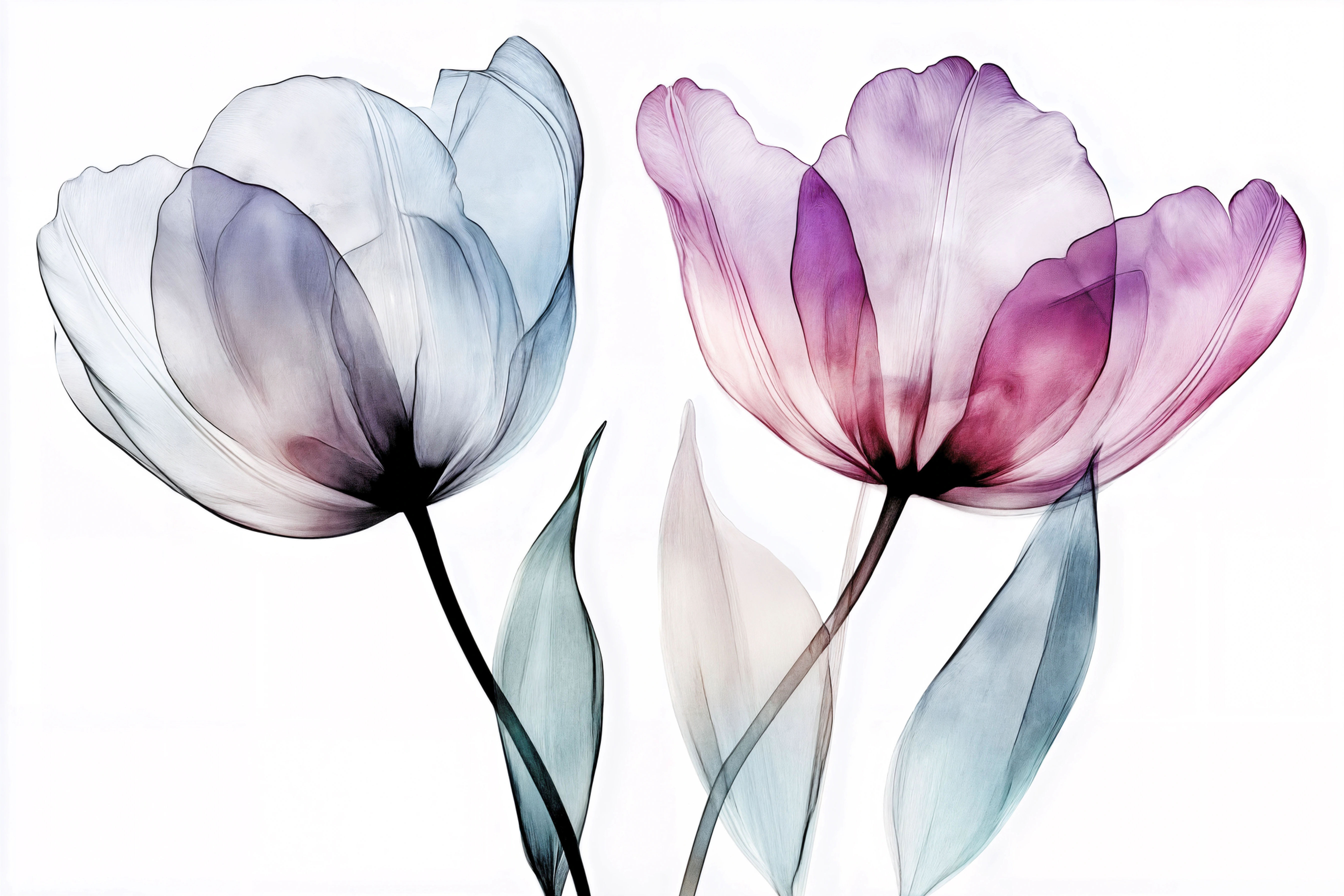 זוג פרחי טוליפ פרחי טוליפ צבעוני שקופים בגווני ורוד ותכלת, עם עלים ירוקים עדינים, על רקע לבן נקי