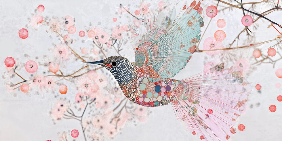 איור מרהיב וצבעוני של ציפור קסומה עם כנפיים צבעוניות ודפוסים עדינים, עפה בין ענפי פריחה עדינים בגווני ורוד ולבן, המשדרים יופי