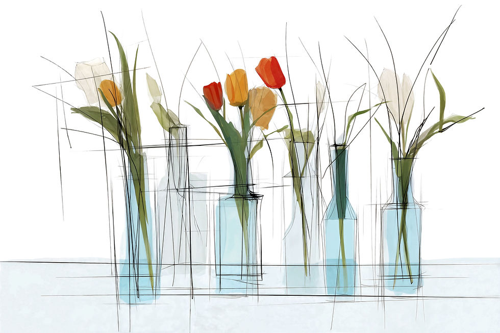 ציור מודרני של חמישה אגרטלים שקופים עם שורת צבעונים בגוונים אדום, כתום ולבן.