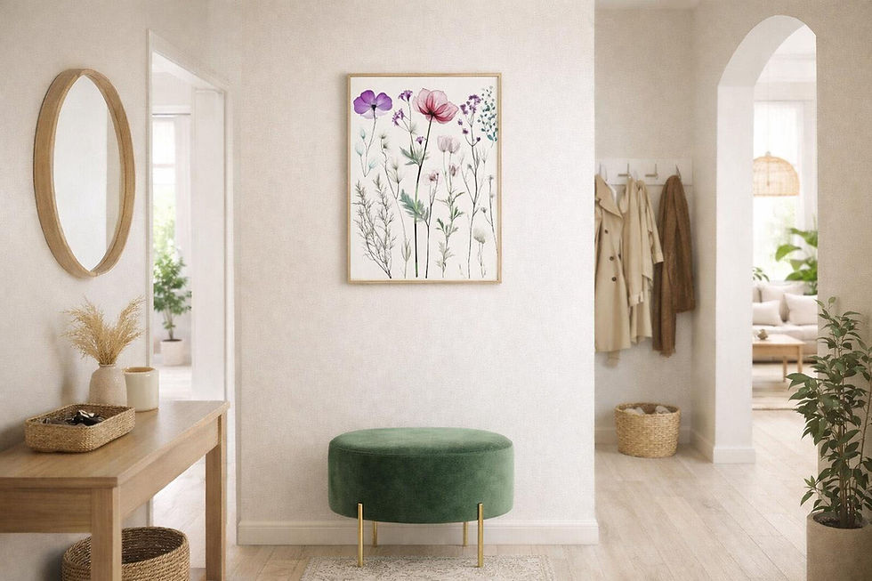 תמונה של אוסף פרחי אביב צבעוניים ושקופים בסגנון עדין ומודרני.  יצירת קיר ייחודית שמוסיפה רעננות, טבע ואלגנטיות לכל חלל בבית א