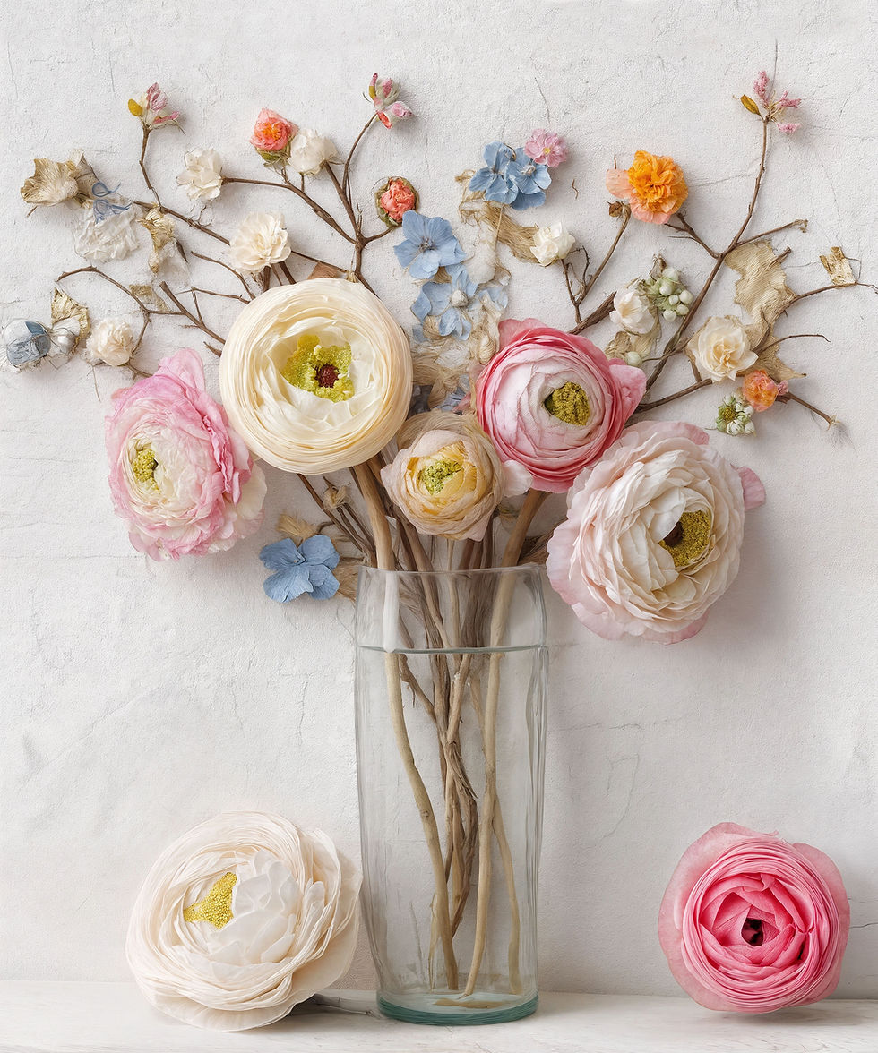 זר נוריות מיובשות בגווני ורוד, לבן ותכלת, מסודר באגרטל זכוכית שקוף על רקע קיר בהיר. יצירה אמנותית עדינה המשלבת טבע, נוסטלגיה