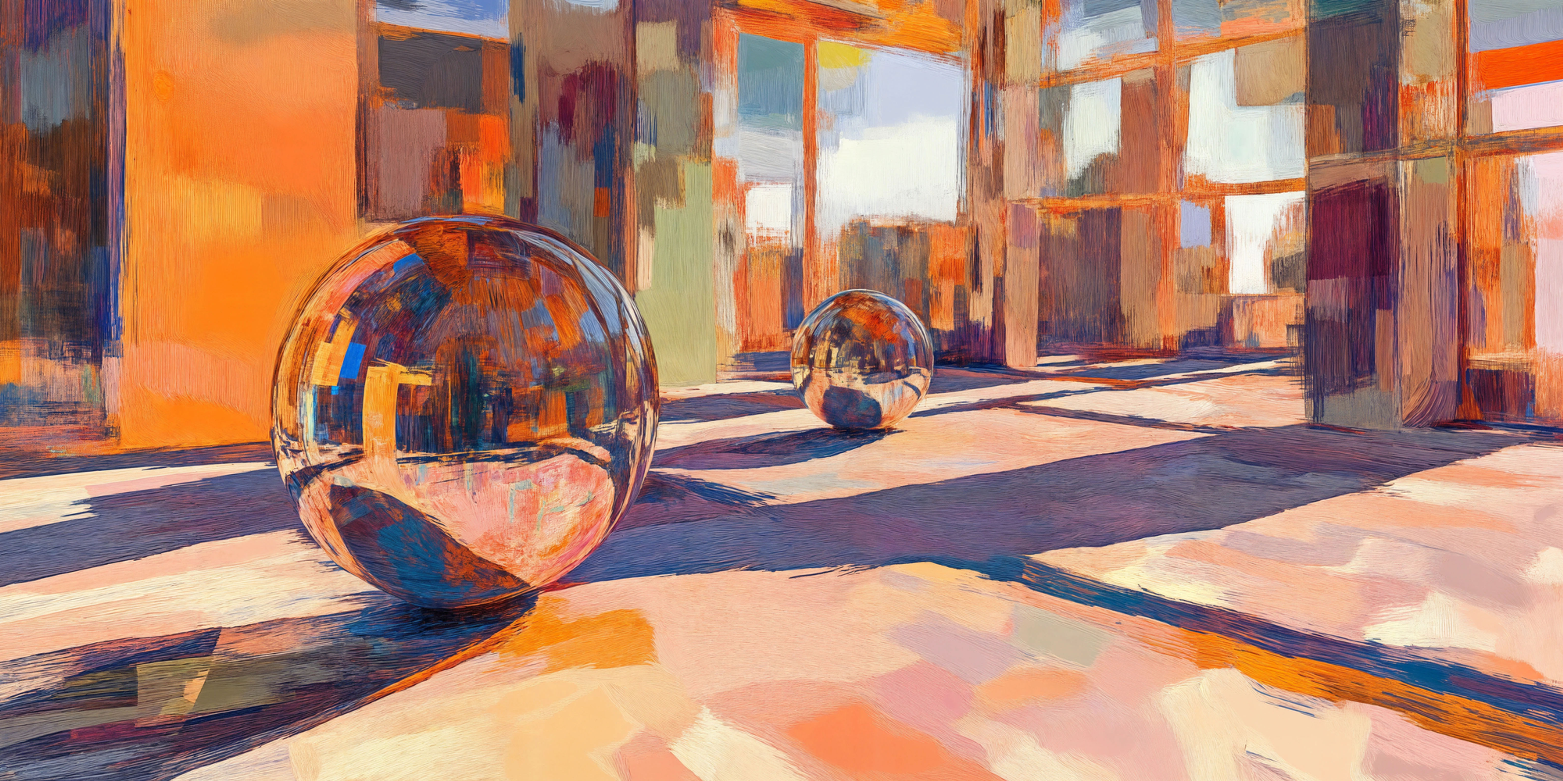 יצירת אמנות אבסטרקט המציגה גולות מבריקות, המשתקפות בצבעים חמים של כתום וזהב, על רקע חלל גיאומטרי מואר ומלא חיים.