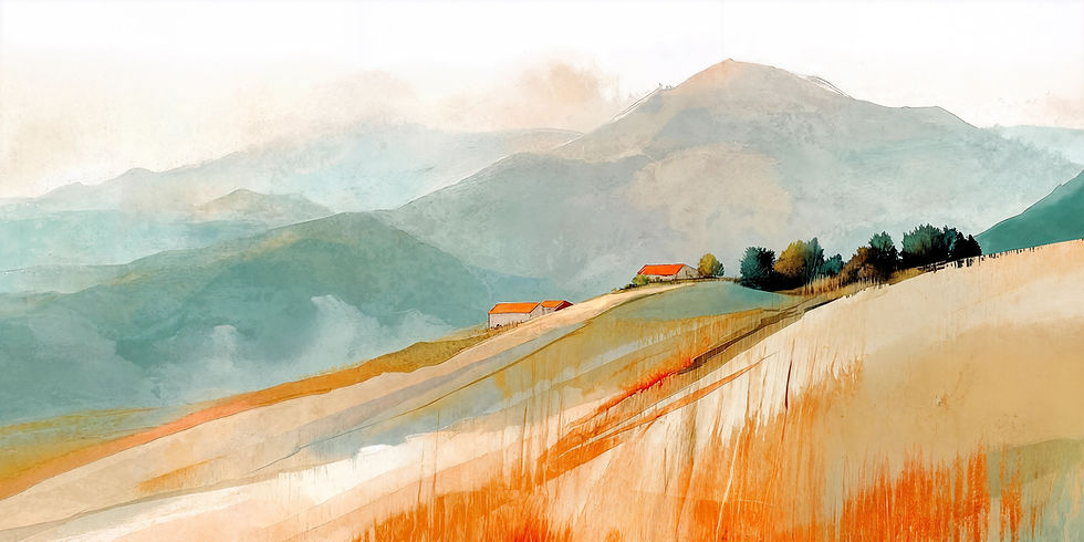 ציור של בית קטן על גבעה ירוקה, מוקף בנוף הררי קסום, בצבעי מים רכים וחמים. היצירה משדרת שלווה, טבע והרמוניה, ומתאימה לעיצוב חל