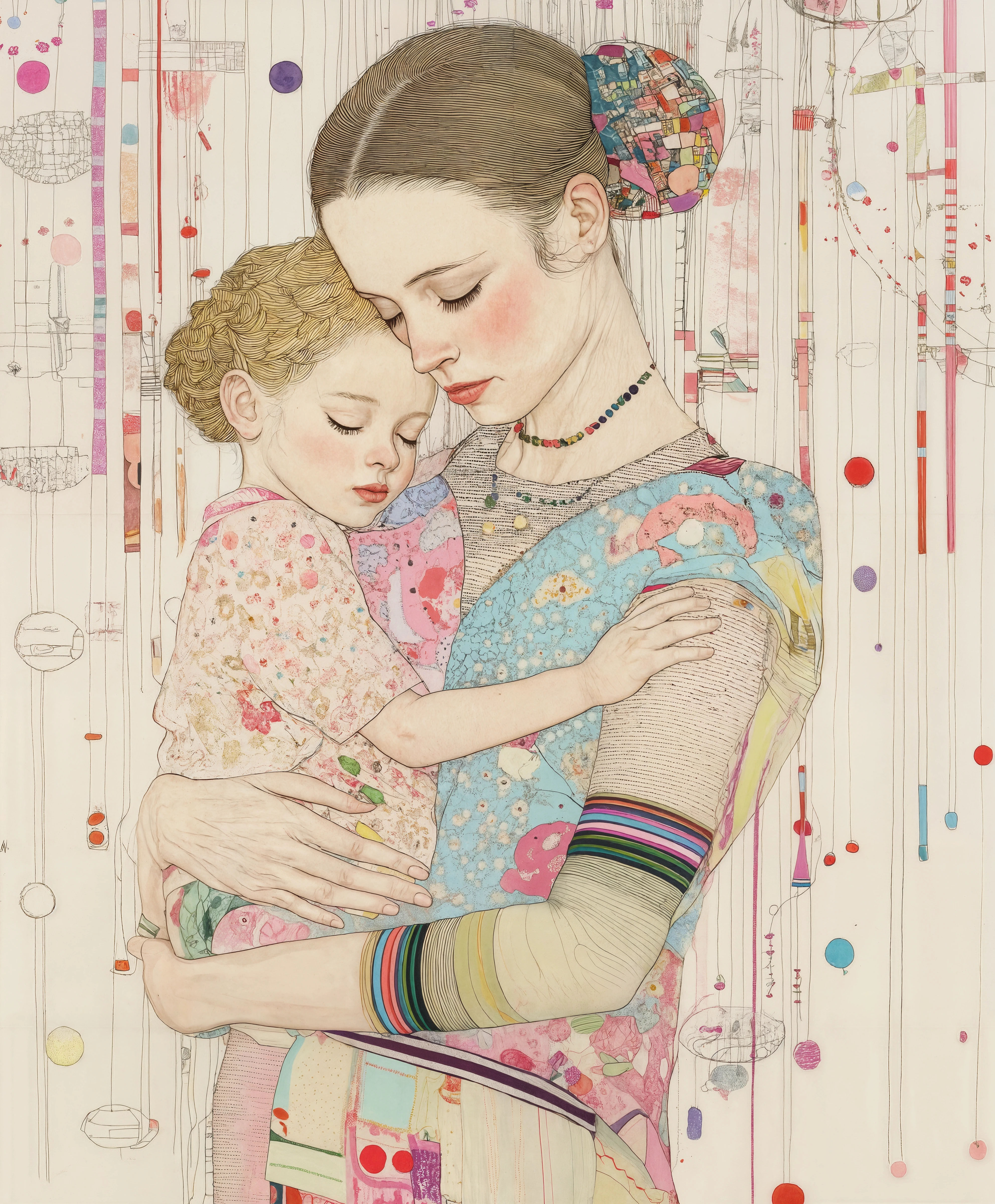 תמונה מרגשת הממחישה אהבת אם לבתה ומבטאת חום, רוך וביטחון.  יצירה צבעונית ועדינה שמוסיפה חמימות ואווירה משפחתית לכל חלל.  מושל