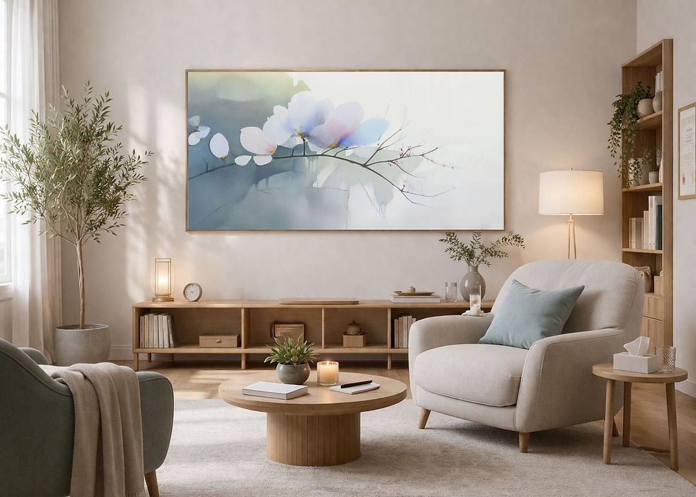 איור עדין של פרח על ענף בגווני תכלת-ורוד על רקע מינימליסטי.  מכניס אור ורוגע לסלון, לחדר השינה ולמשרד.