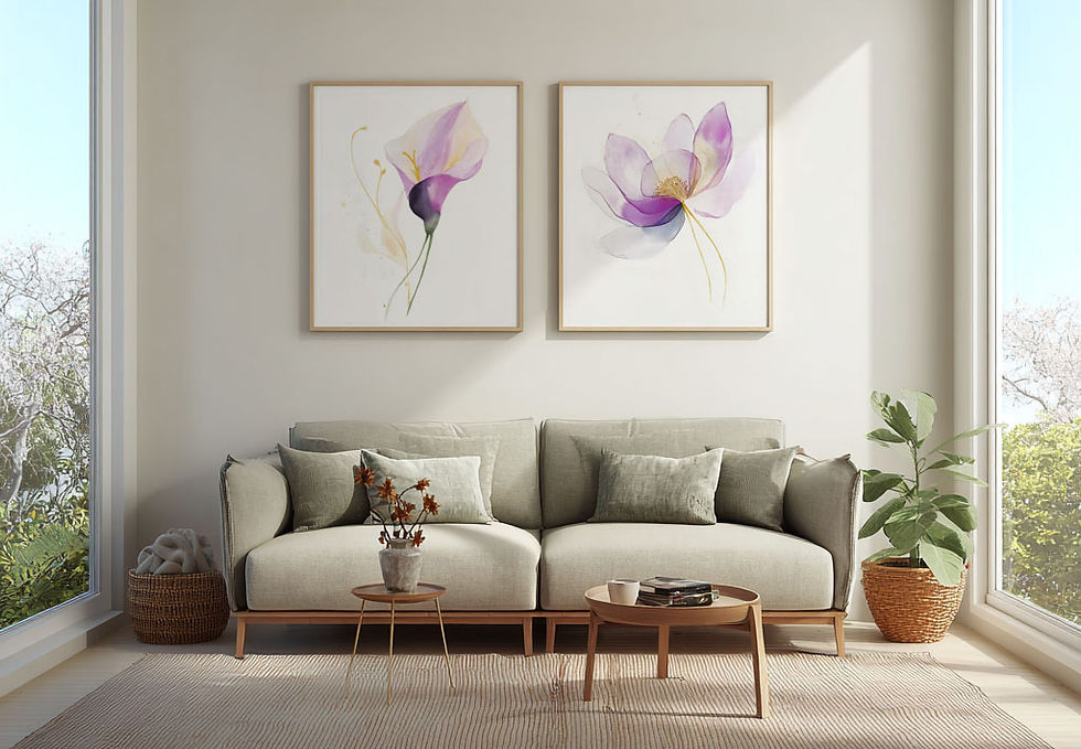 איורים אומנותיים של זוג פרחים קסומים בגווני סגול, ורוד וזהב, בסגנון עדין ומודרני על רקע לבן. יצירות ייחודיות המוסיפות אלגנטיו