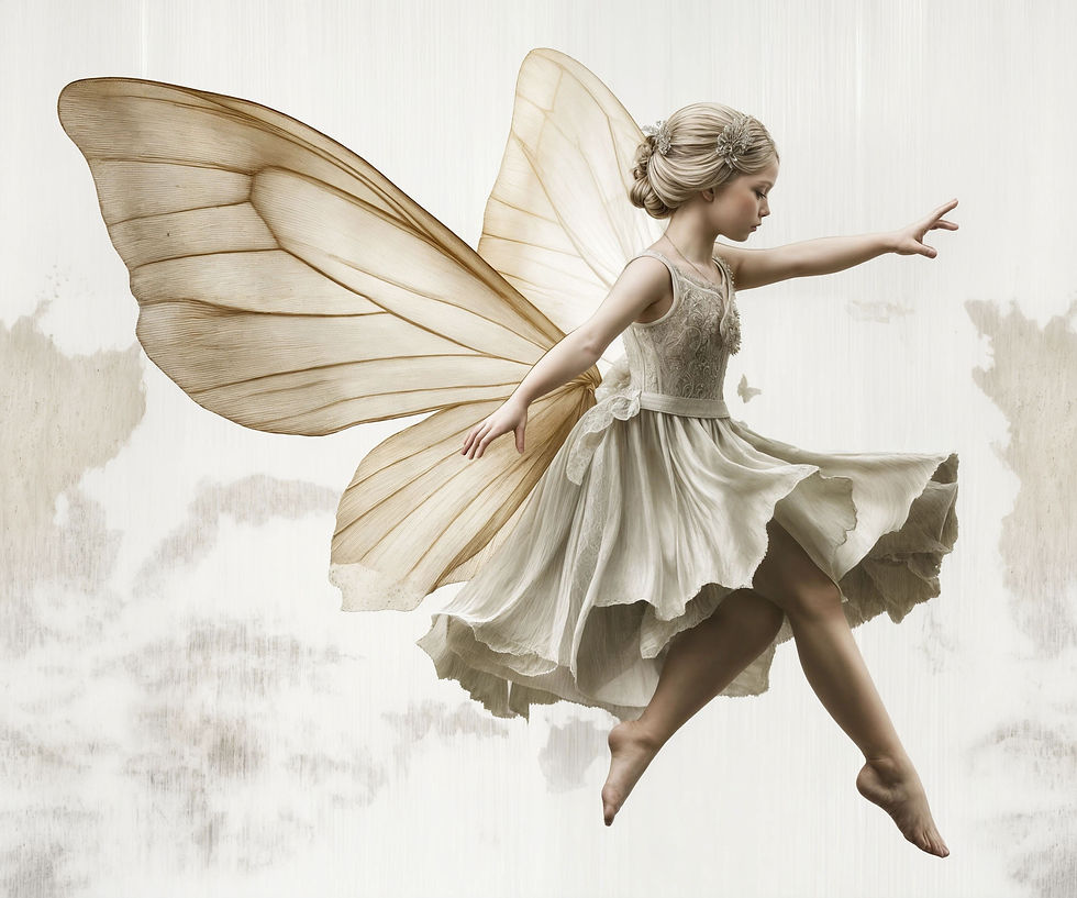 ילדה פיה עפה, לבושה בשמלה בהירה וכנפיים עדינות בגווני שמנת.  האיור משדר תחושת קלילות, קסם ותום, ומתאים להוספת אווירה פנטסטית