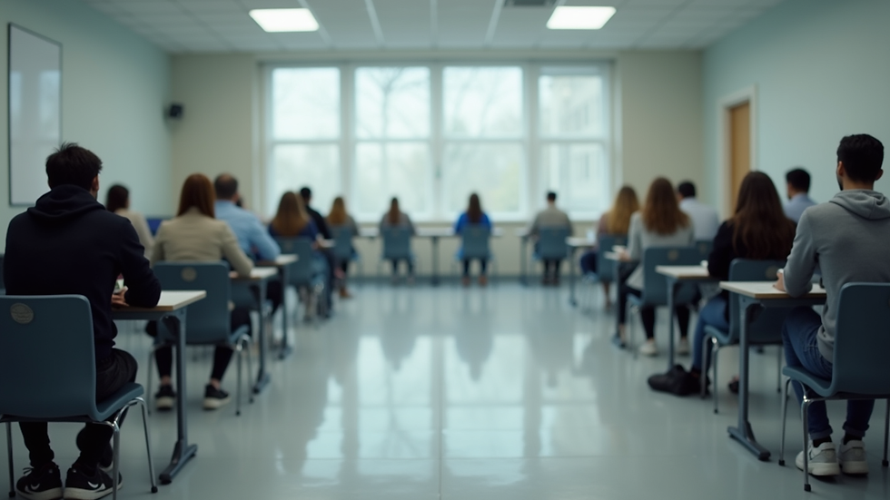 Eye-level view of a certification exam center with students taking tests