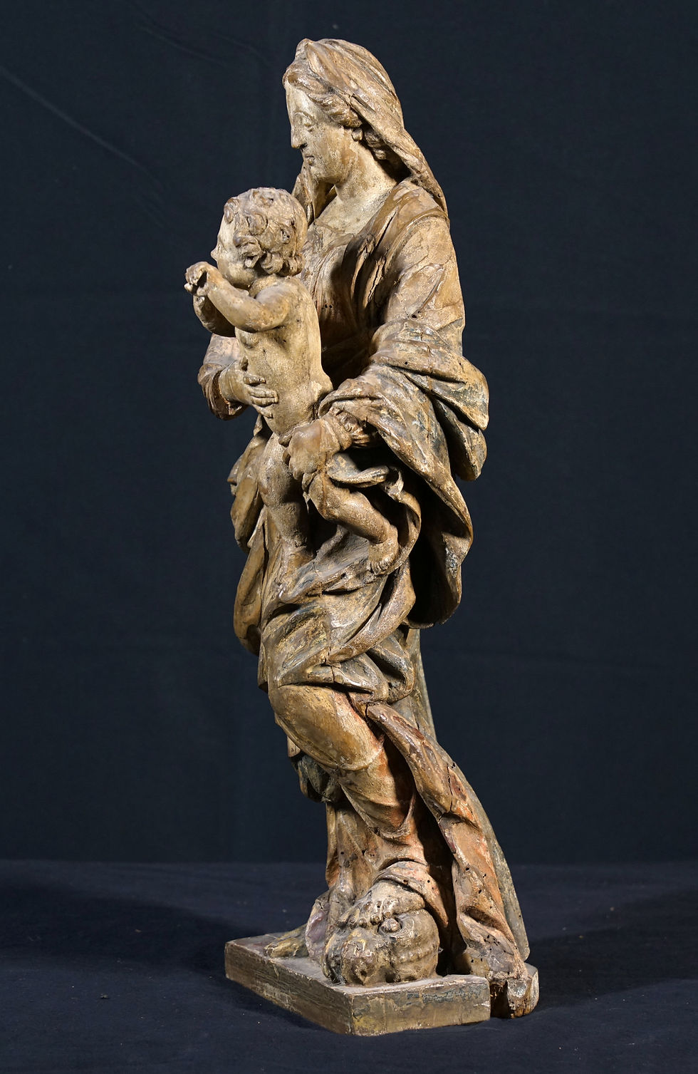 Thumbnail: A Baroque wood sculpture of the Madonna with Child, 17th/18th century, 20" (Y06)