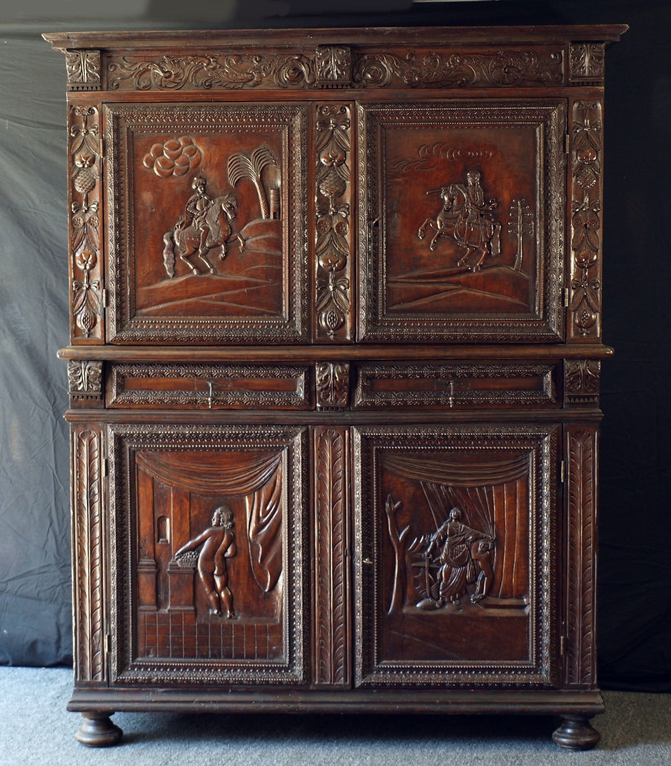 A French walnut cupboard with Renaissance scenes, 17th/18th century (Q57)