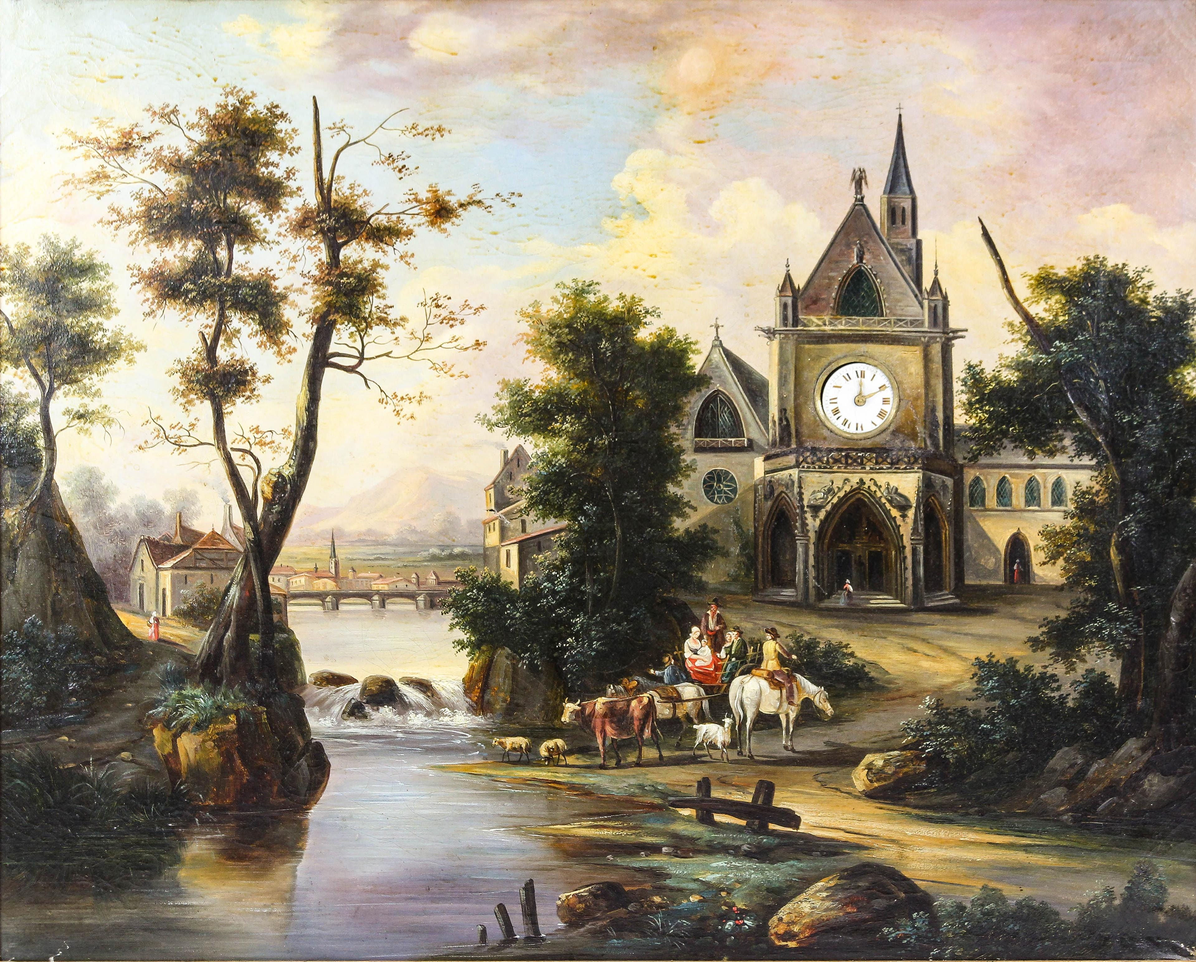 Swiss musical painting clock, 19th century (X06)
