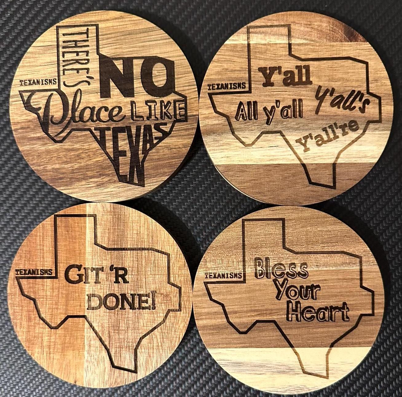 Texanism Coasters: Texas Sayings on a Set of 4 Wood Coasters.